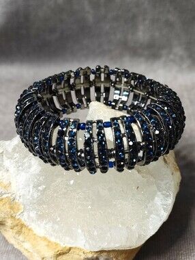 Sapphire Navy Blue Rhinestone Crystal Gunmetal Stretch Bracelet NWOT